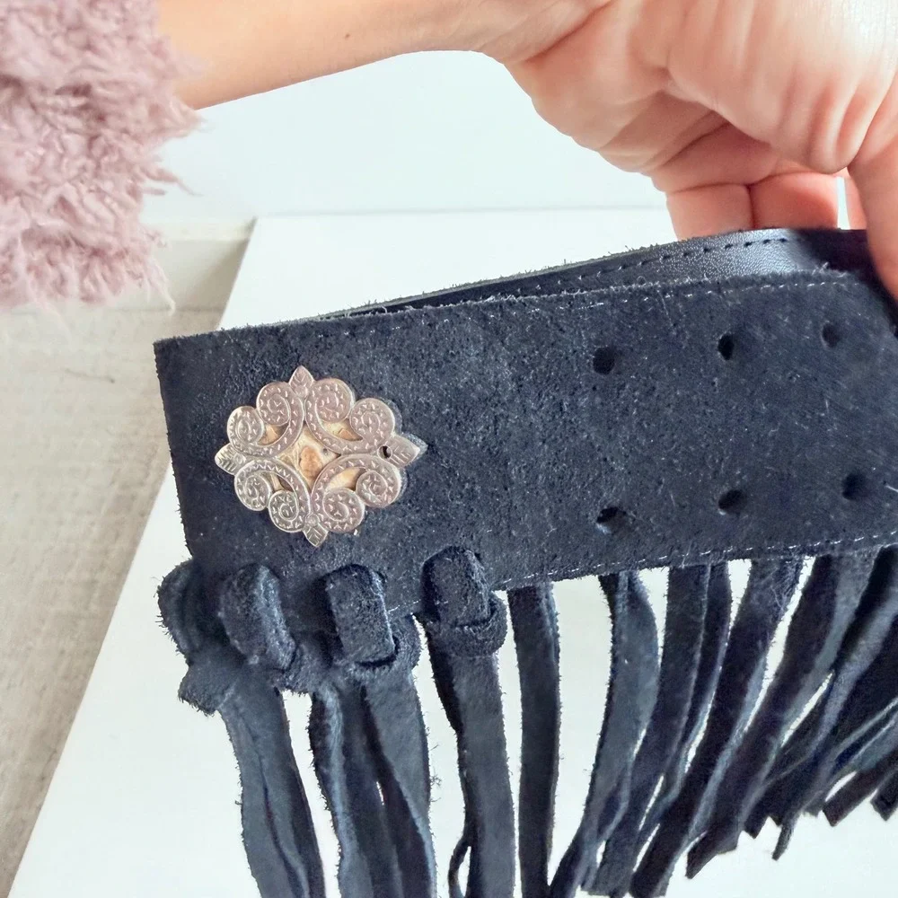 Vintage Et Vous Genuine Leather Suede Fringe Belt with Silver‎ Details
